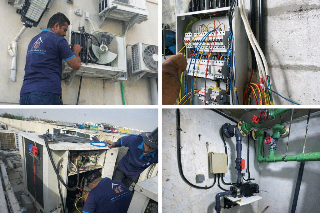 Technicians performing AC servicing, electrical panel work and plumbing maintenance